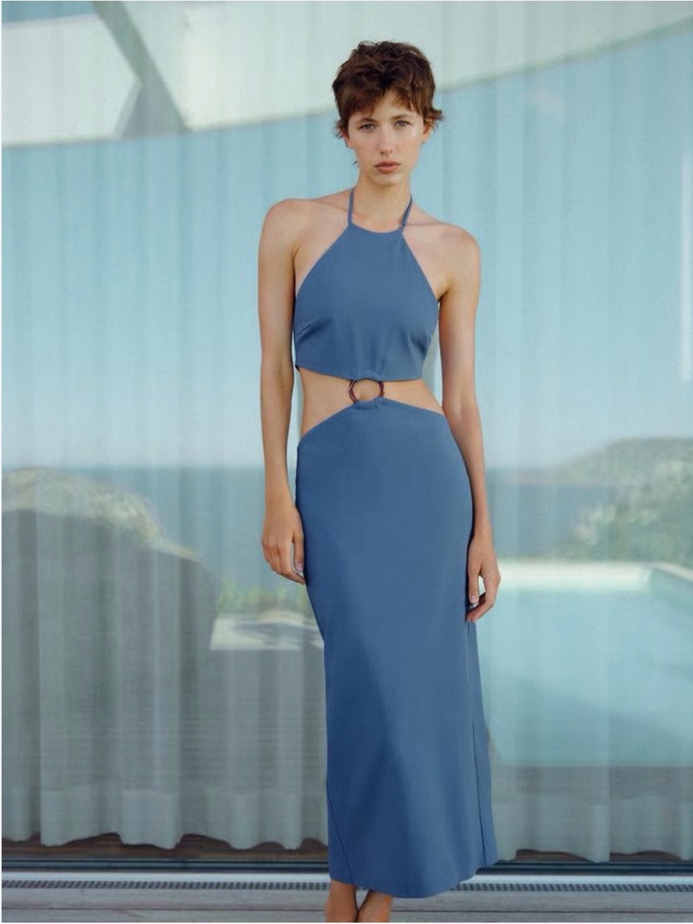 NEW Zara Blue Backless Halter Maxi Dress with Ring Detail